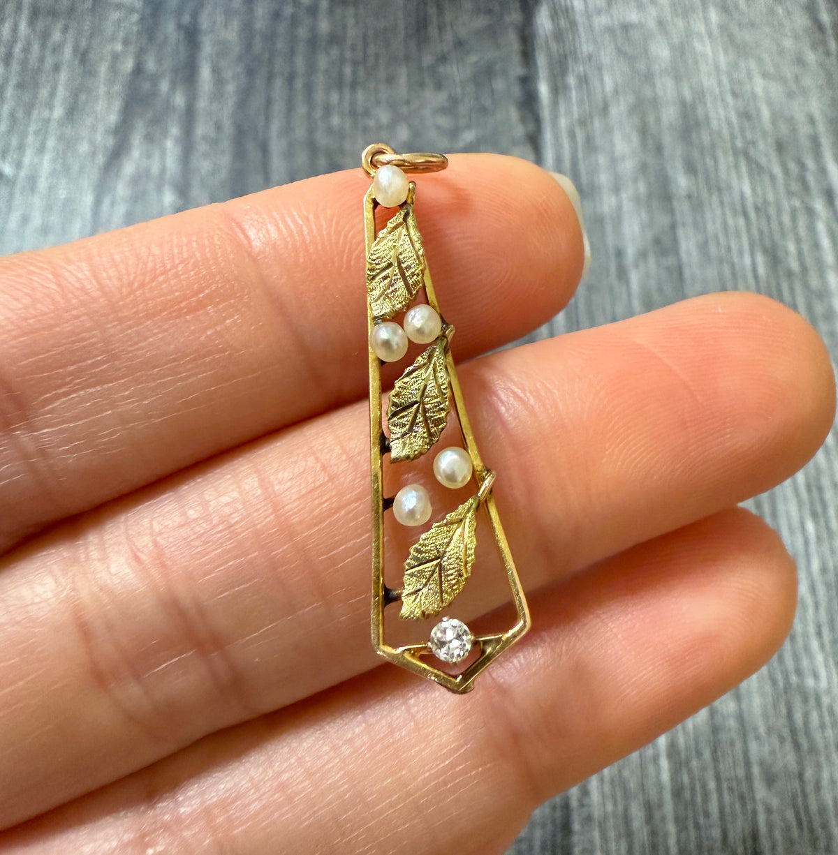 Art Nouveau Pearl and Diamond Leaf Pendant