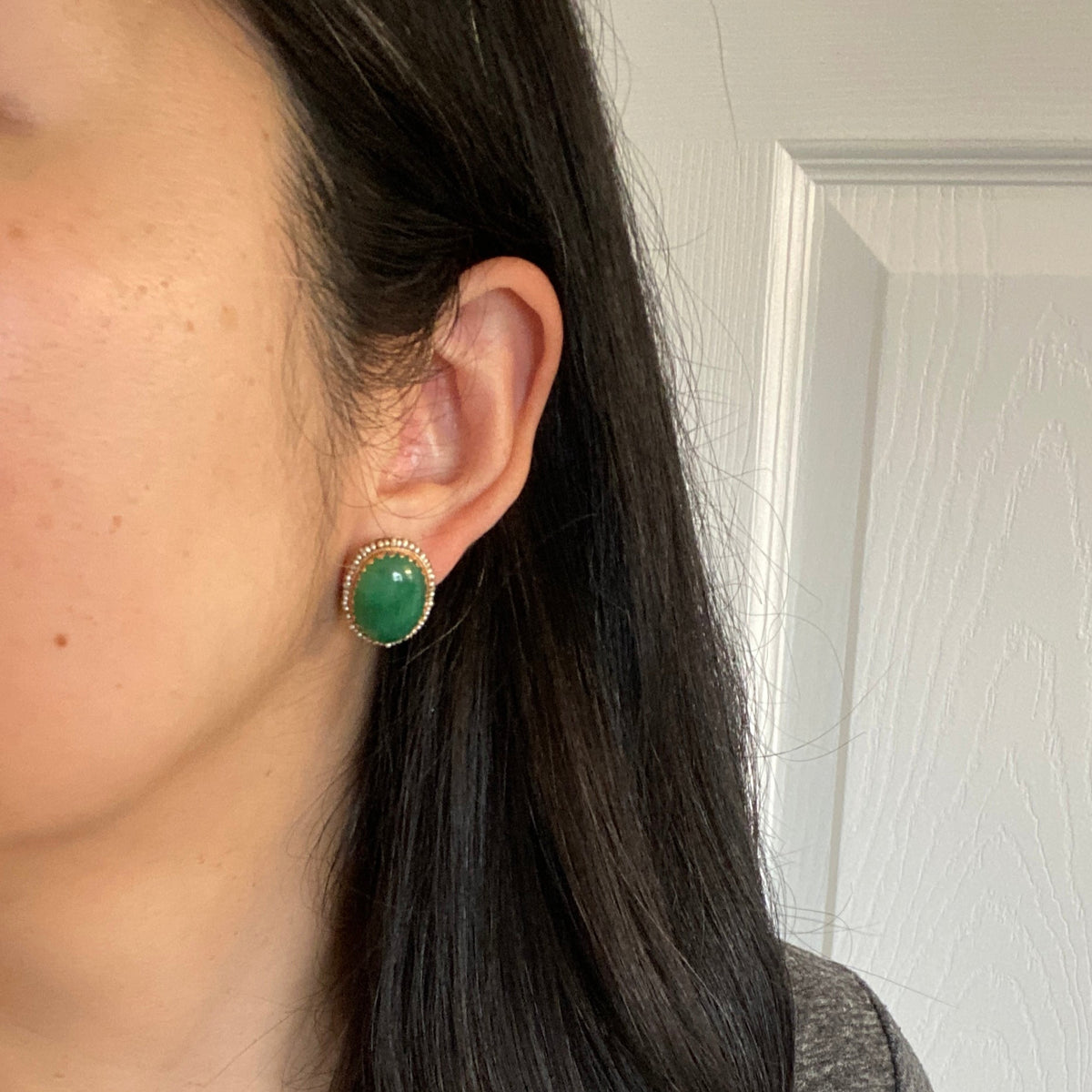 Vintage Jade and Seed Pearl Surround Earrings, 14K Gold