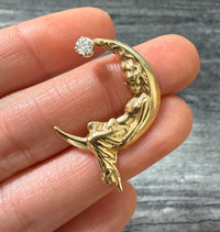 Vintage Diamond and 14K Gold Woman on the Moon Pendant