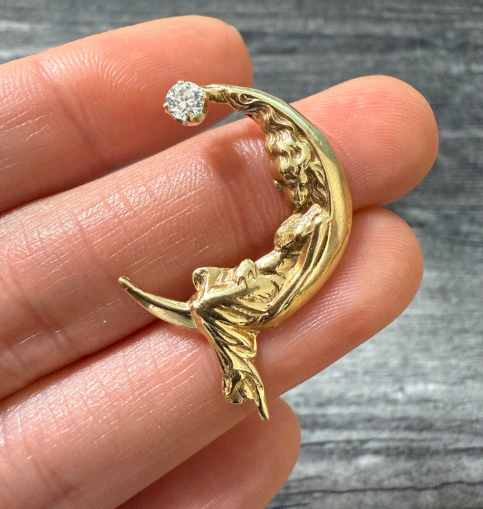 Vintage Diamond and 14K Gold Woman on the Moon Pendant
