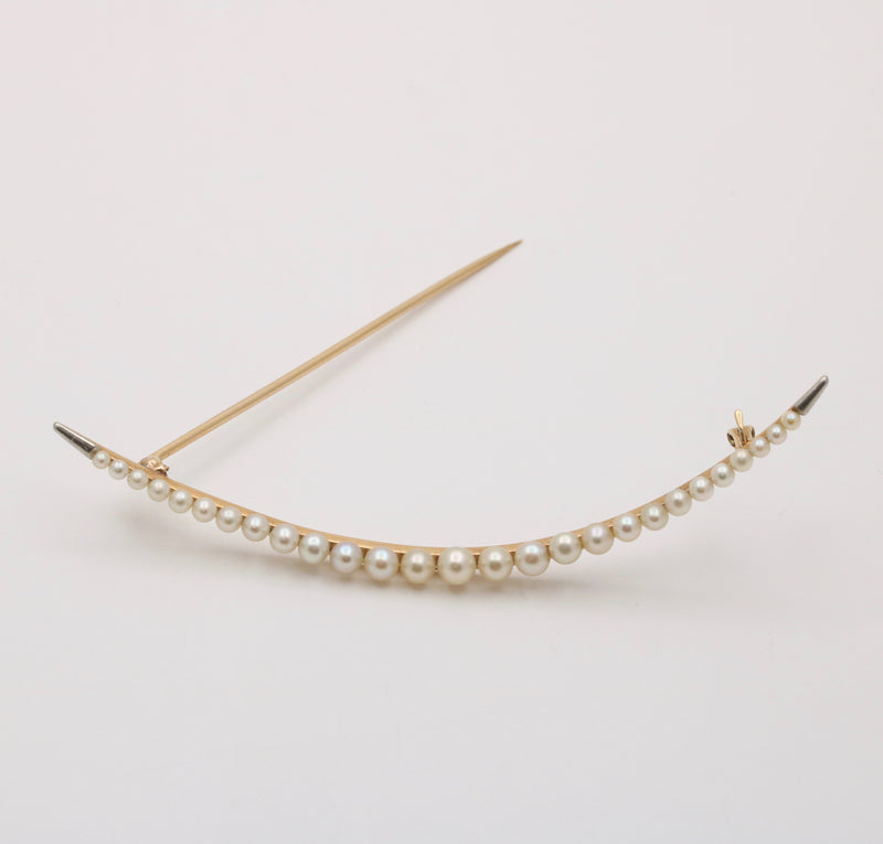 Vintage Pearl and 14K Gold Crescent Pin