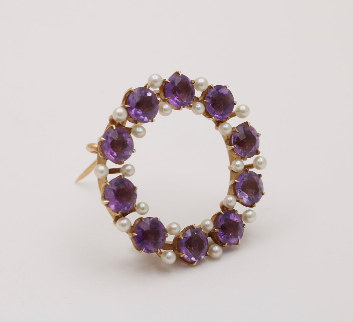 Antique Krementz Amethyst & Pearl Circle Pin