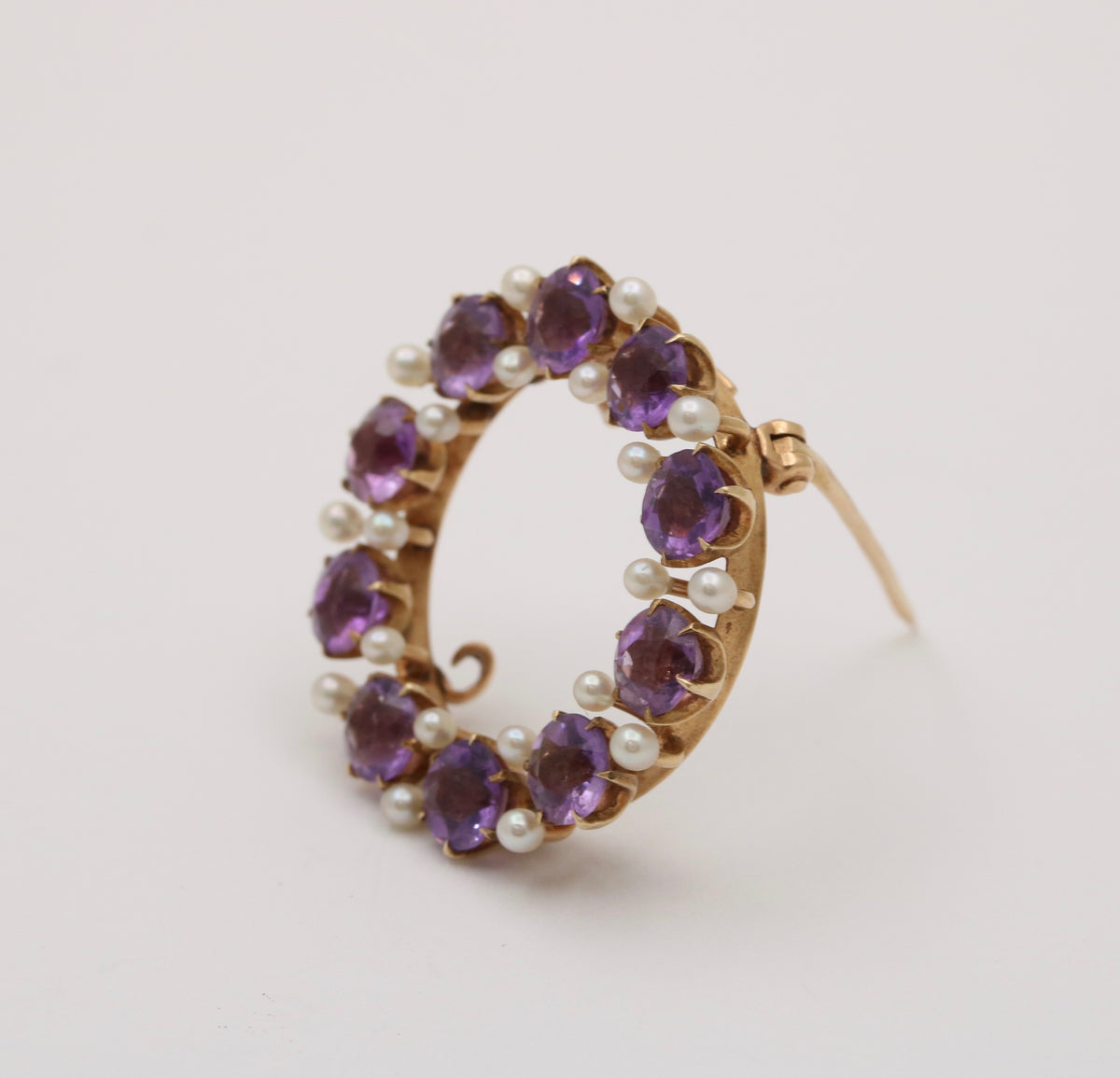 Antique Krementz Amethyst & Pearl Circle Pin