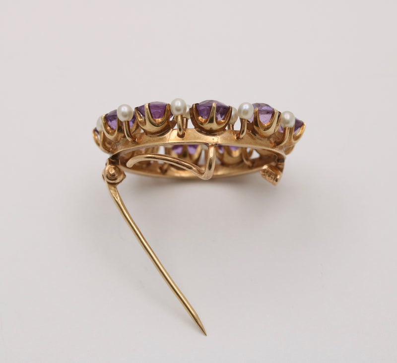 Antique Krementz Amethyst & Pearl Circle Pin