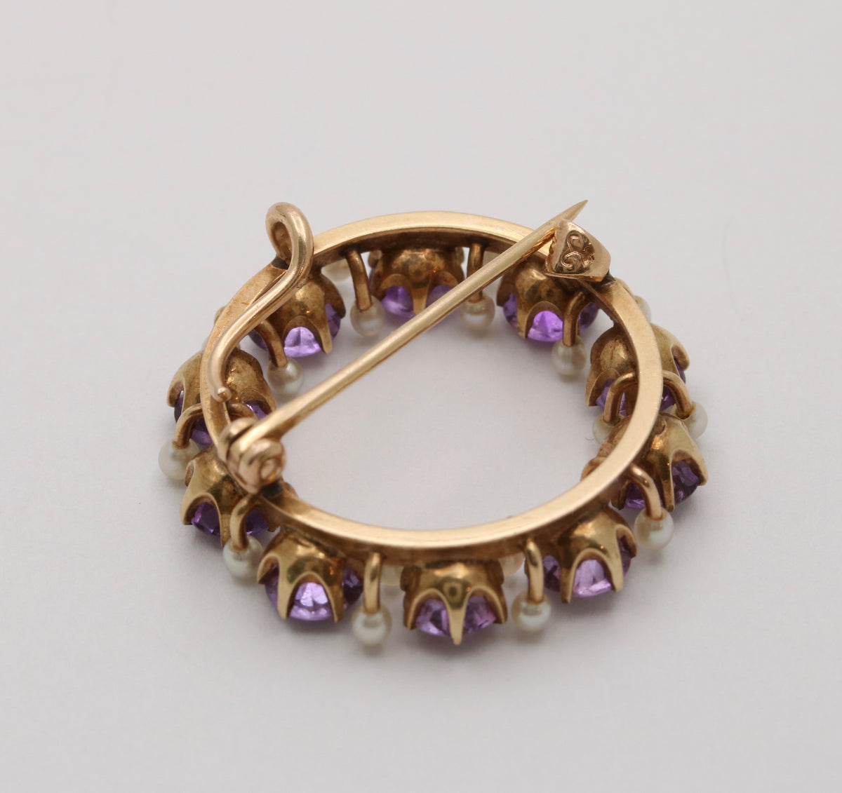 Antique Krementz Amethyst & Pearl Circle Pin