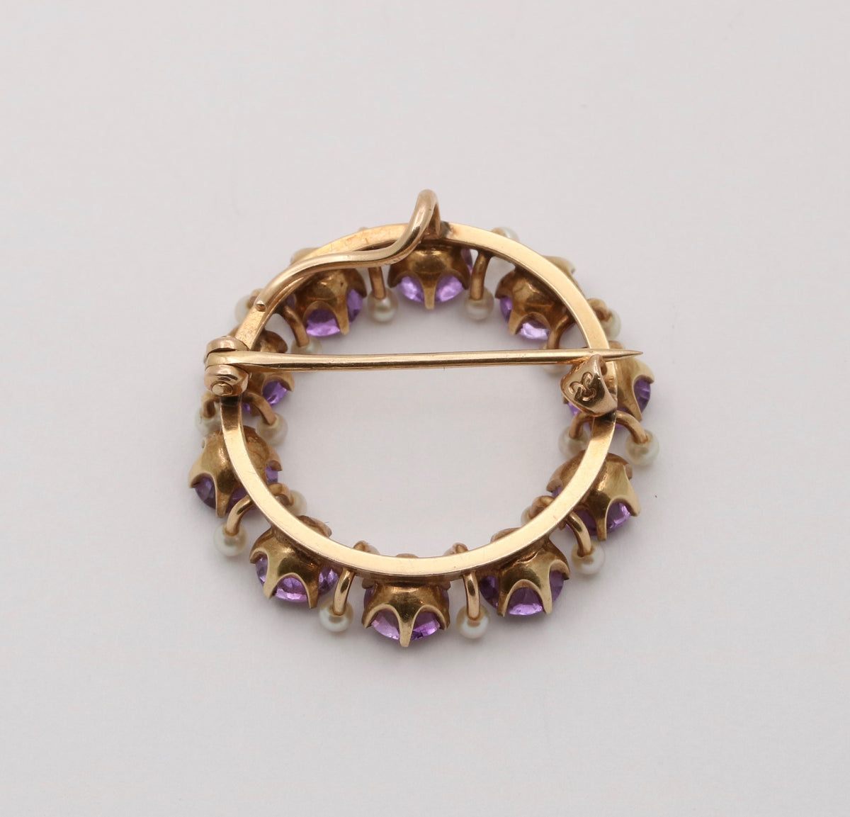 Antique Krementz Amethyst & Pearl Circle Pin