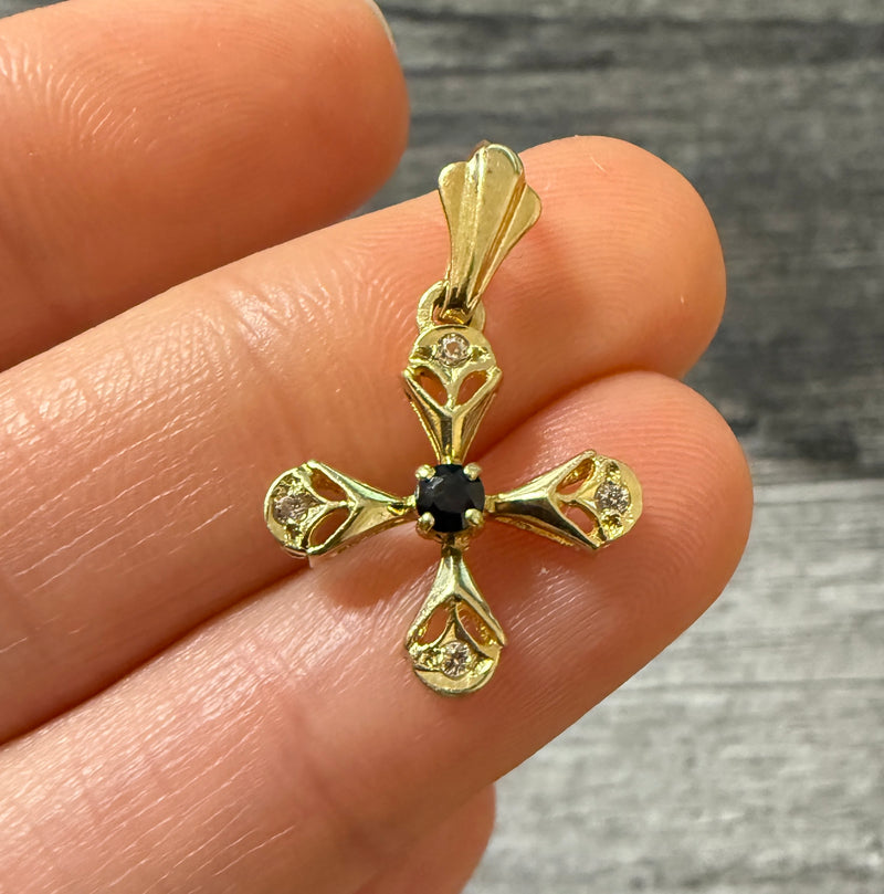 Sapphire and Diamond 14K Gold Maltese Cross Charm