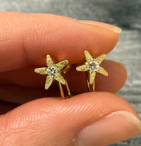 Vintage Diamond and 14K Gold Star Flower Unpierced Screwback Earrings