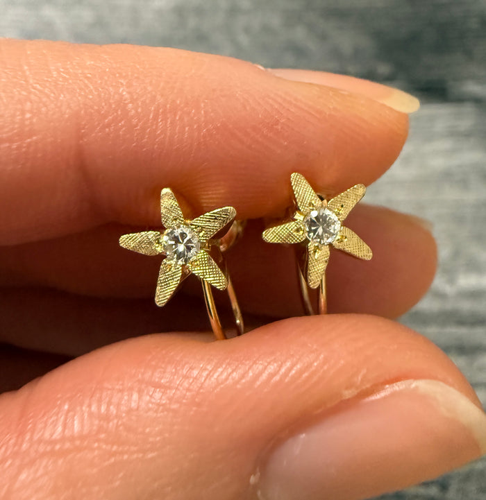 Vintage Diamond and 14K Gold Star Flower Unpierced Screwback Earrings