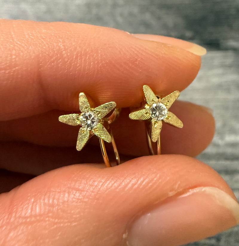 Vintage Diamond and 14K Gold Star Flower Unpierced Screwback Earrings