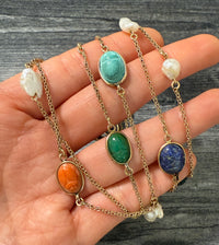 Extra Long Carved Gemstone Scarab and Pearl Necklace in 10K Gold