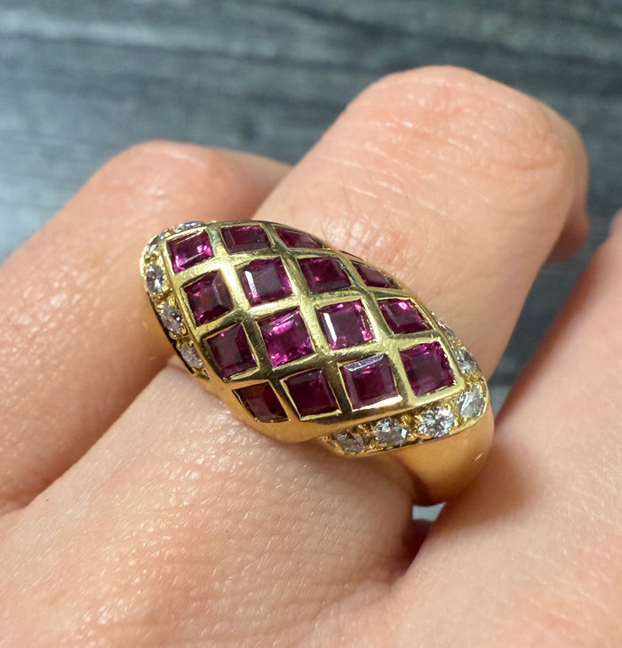 Ruby and Diamond Lattice Style Dimensional Ring in 18K Gold