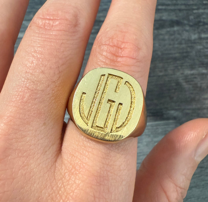 Tiffany & Co 18K Gold Monogram "JGD" Signet Ring, 26 Grams