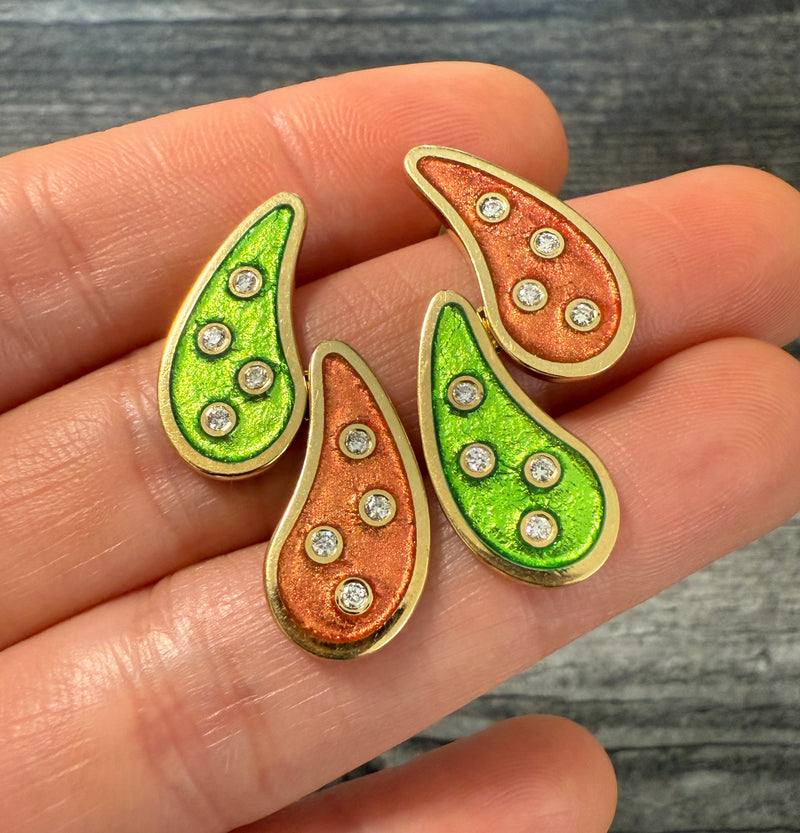 Playful Diamond and Enamel Paisley Earrings in 18K Gold