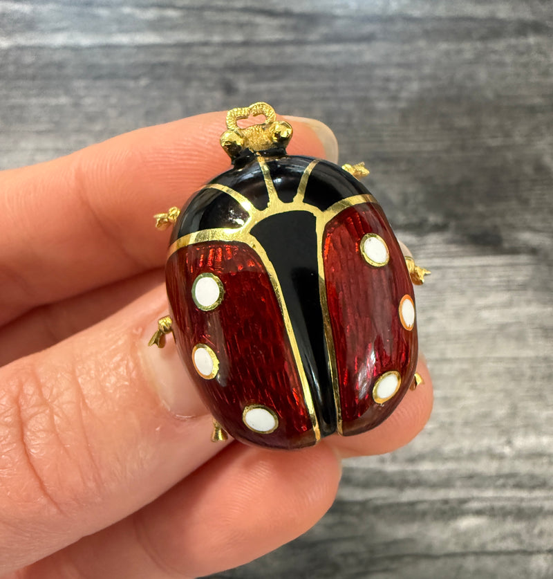 Large Vintage Enamel and 18K Gold Ladybug Brooch