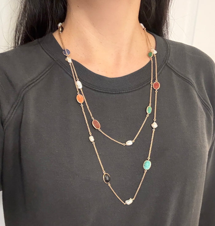 Extra Long Carved Gemstone Scarab and Pearl Necklace in 10K Gold