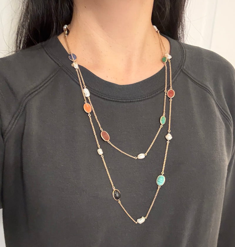 Extra Long Carved Gemstone Scarab and Pearl Necklace in 10K Gold