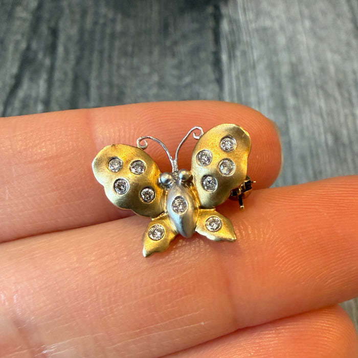Small Diamond and 14K Bicolor Gold Butterfly Pendant and Pin (S)