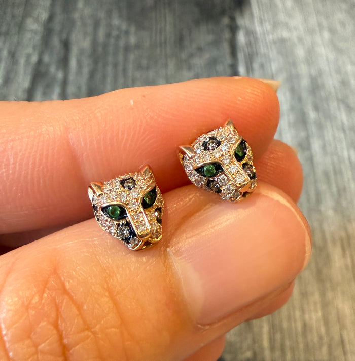 Panther Stud Earrings with Diamond and Emerald in 14K Gold