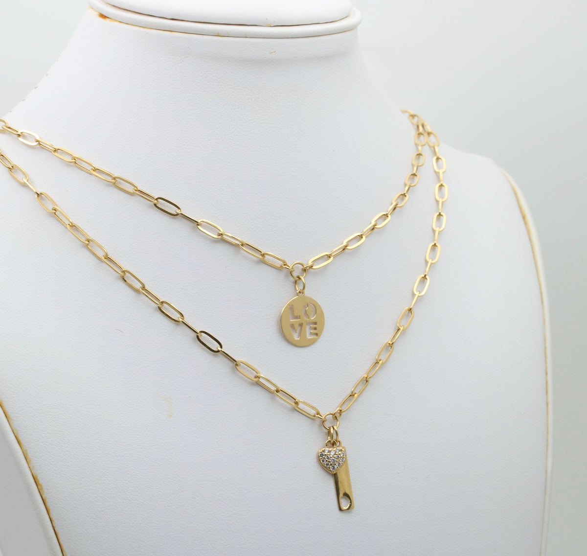 18K Gold Layered Paperclip Necklace with Love Charms