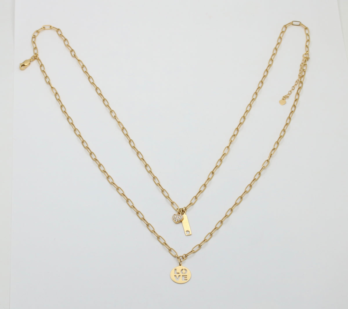 18K Gold Layered Paperclip Necklace with Love Charms