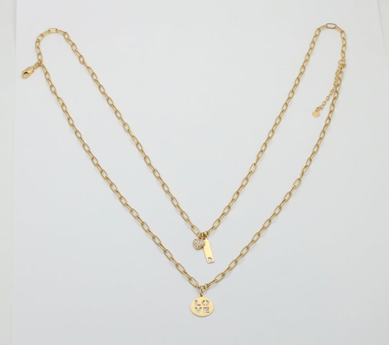 18K Gold Layered Paperclip Necklace with Love Charms