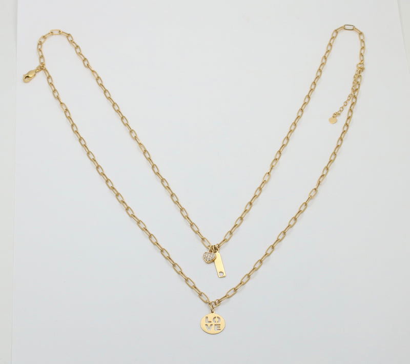 18K Gold Layered Paperclip Necklace with Love Charms