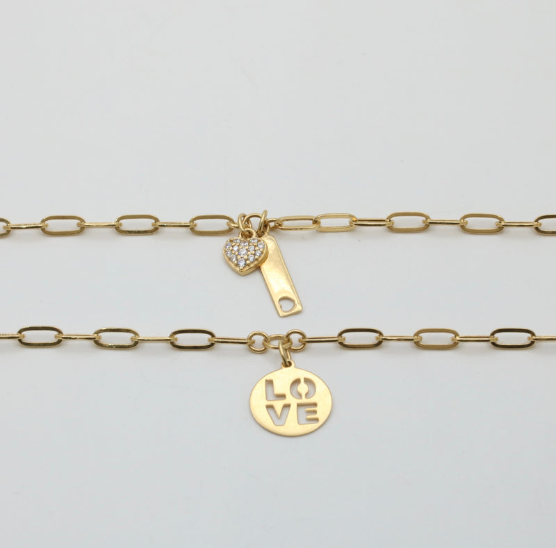 18K Gold Layered Paperclip Necklace with Love Charms