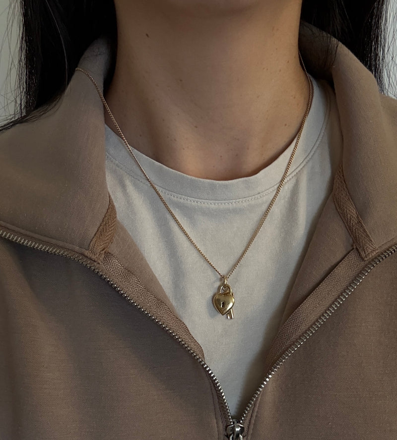 Vintage 14K Gold Puffy Heart Padlock and Key Charm