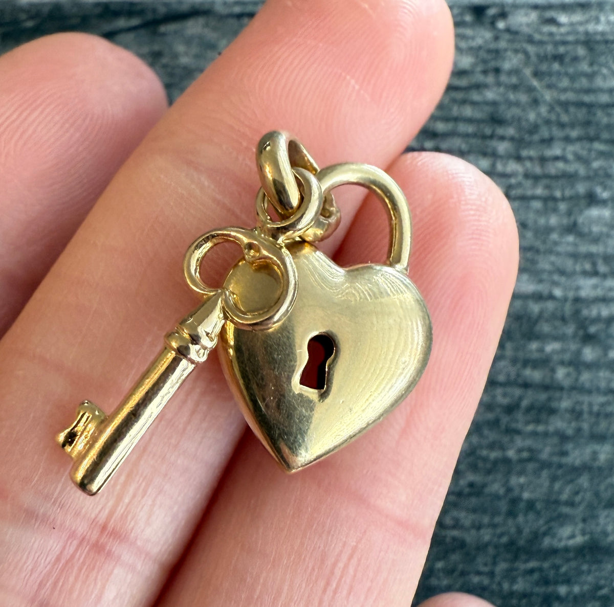 Vintage 14K Gold Puffy Heart Padlock and Key Charm