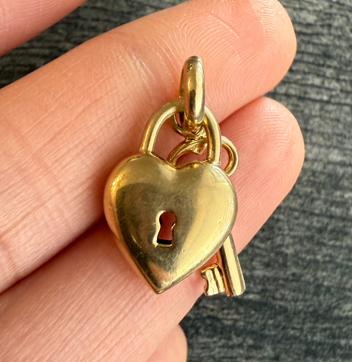 Vintage 14K Gold Puffy Heart Padlock and Key Charm