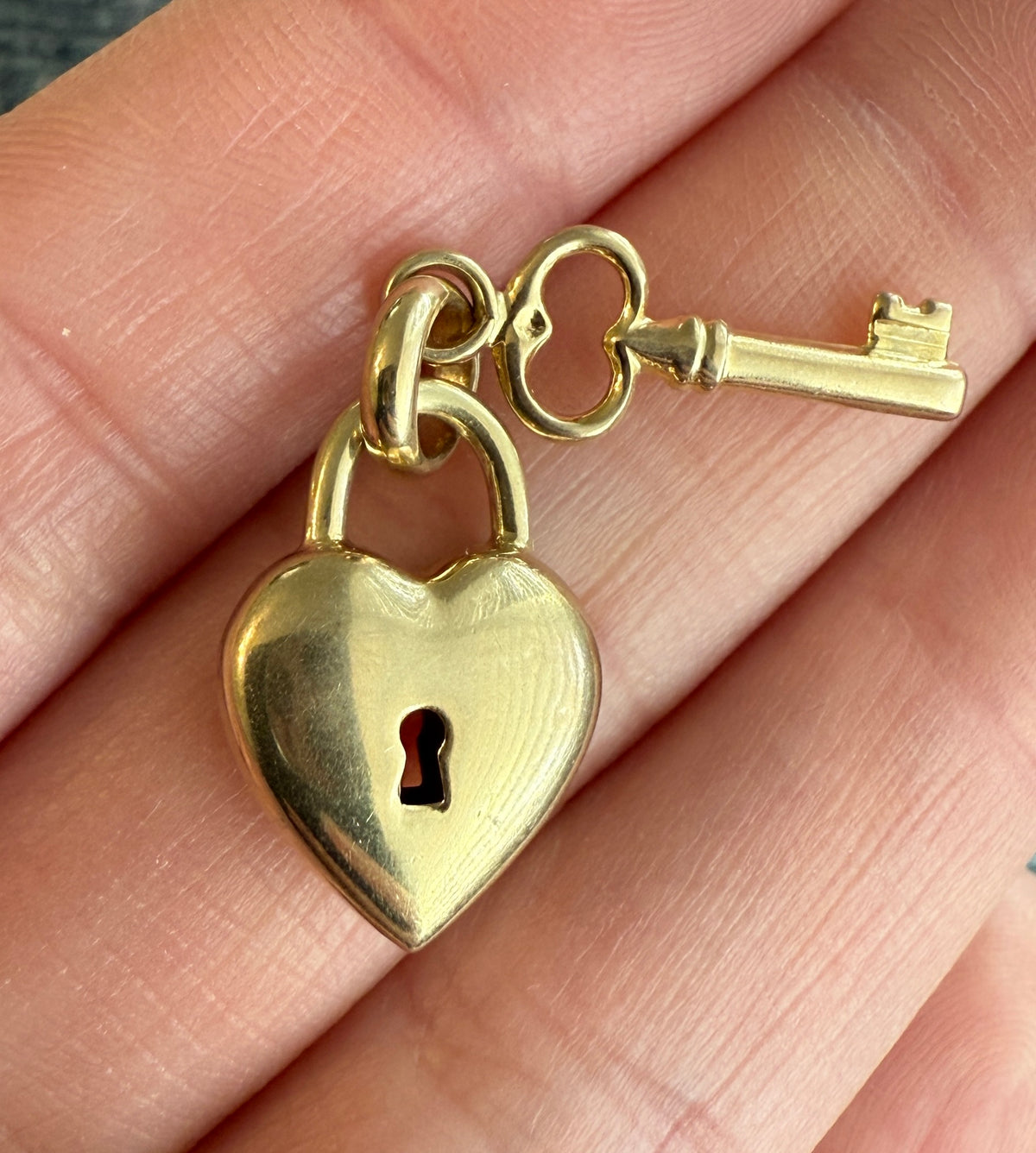 Vintage 14K Gold Puffy Heart Padlock and Key Charm