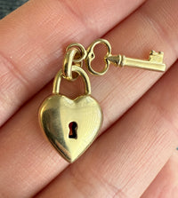 Vintage 14K Gold Puffy Heart Padlock and Key Charm