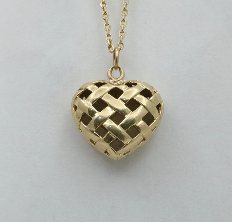 Puffy 14K Gold and Diamond Lattice Heart Charm