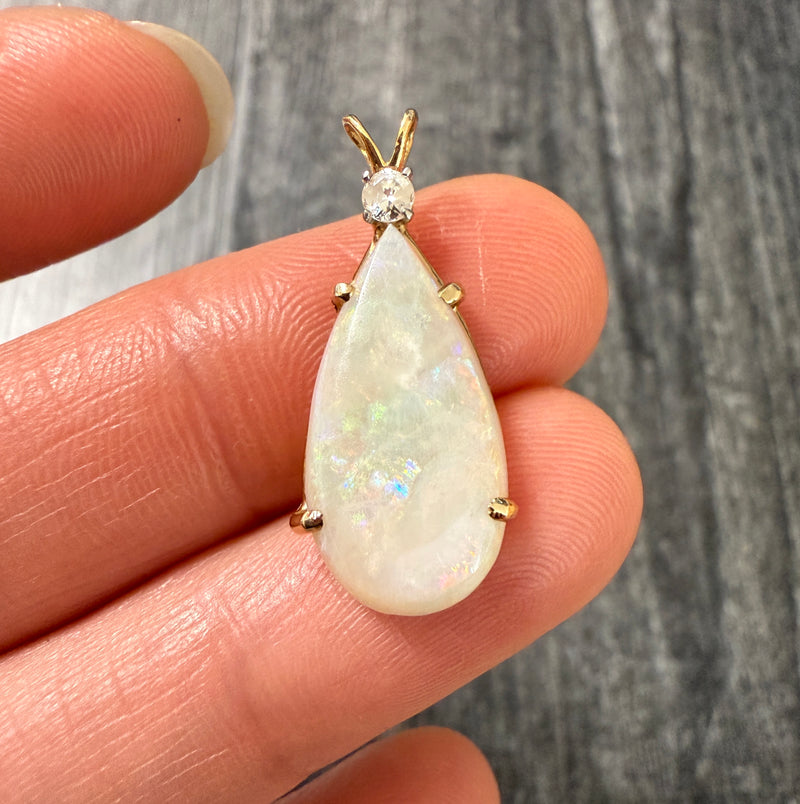 Pear Shaped Opal and Diamond Pendant in 14K Gold