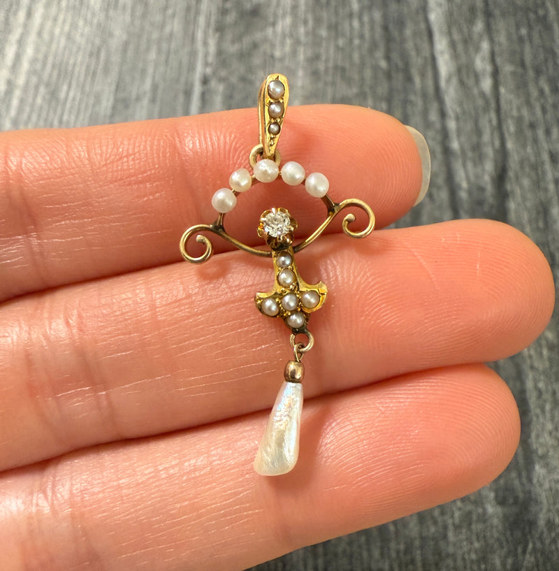 Art Nouveau Pearl and Diamond Lavalier Pendant