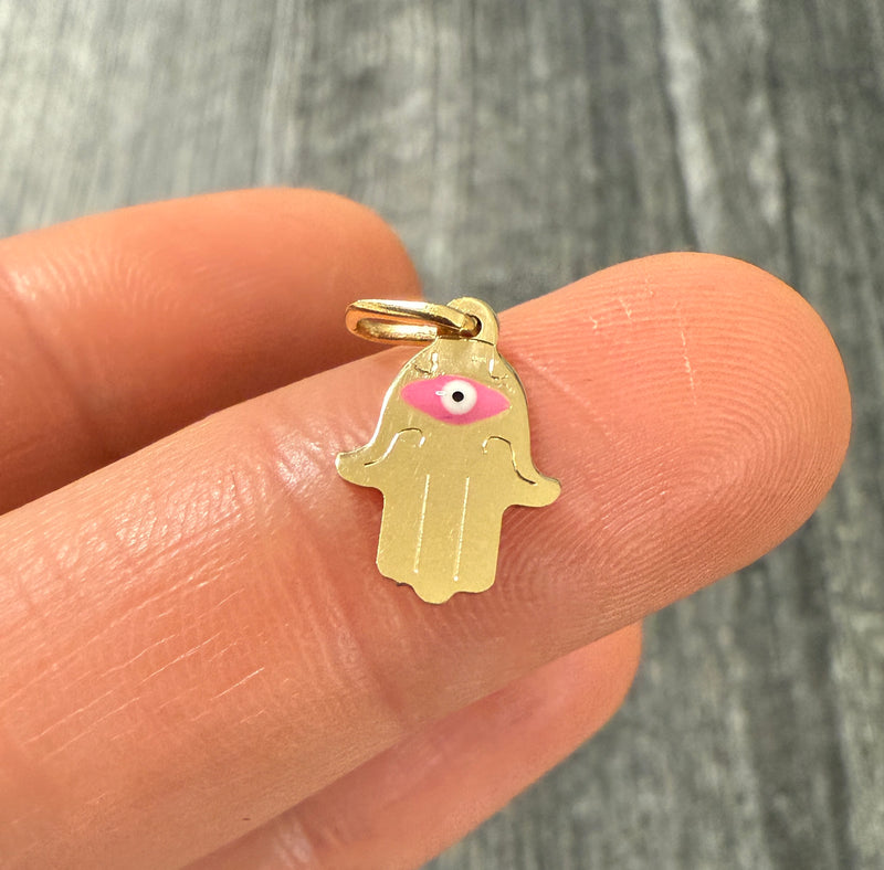 Pink Enamel and 14K Gold Hamsa Evil Eye Charm