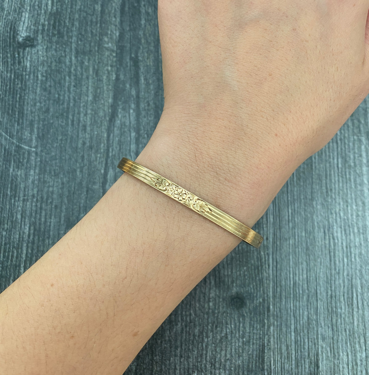 Art Deco 14K Gold Chased Floral Bangle Bracelet, 7.5” Circumference
