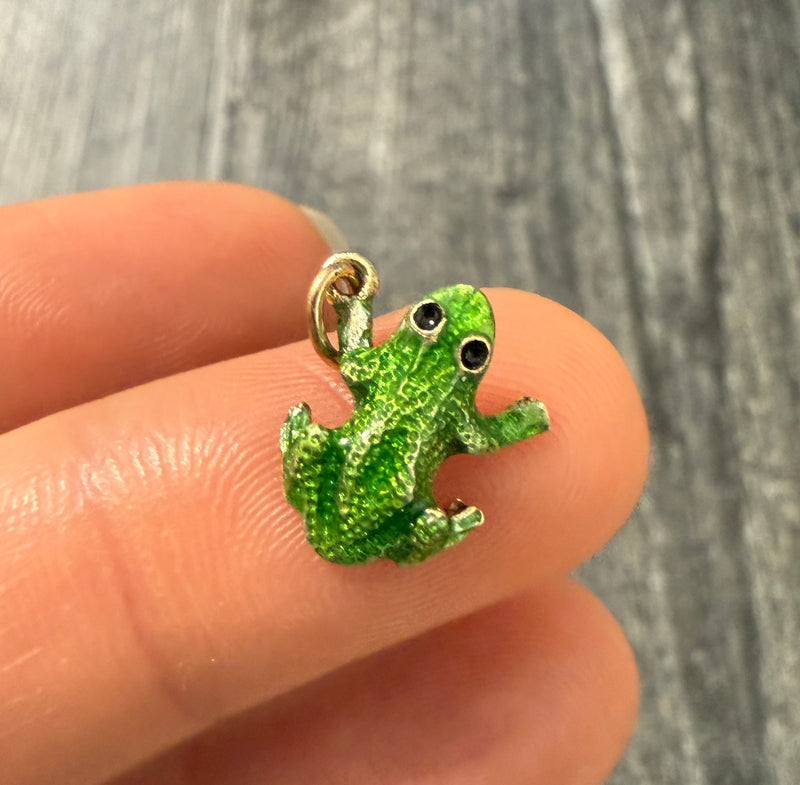 Green Enamel and 14K Gold Frog Charm