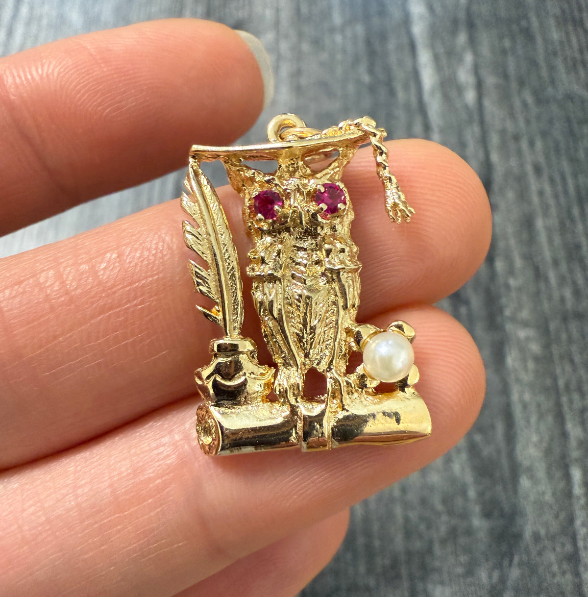 Vintage 14K Gold Owl and Quill Graduation Pendant