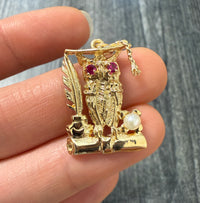 Vintage 14K Gold Owl and Quill Graduation Pendant