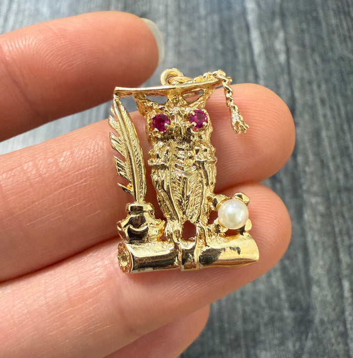 Vintage 14K Gold Owl and Quill Graduation Pendant