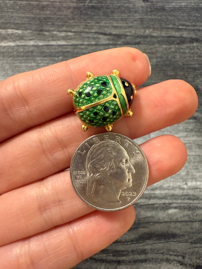 Vintage 18K Gold Enamel Green Ladybug Pin