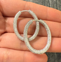 Glittery 18K White Gold Oval Hoop Earrings