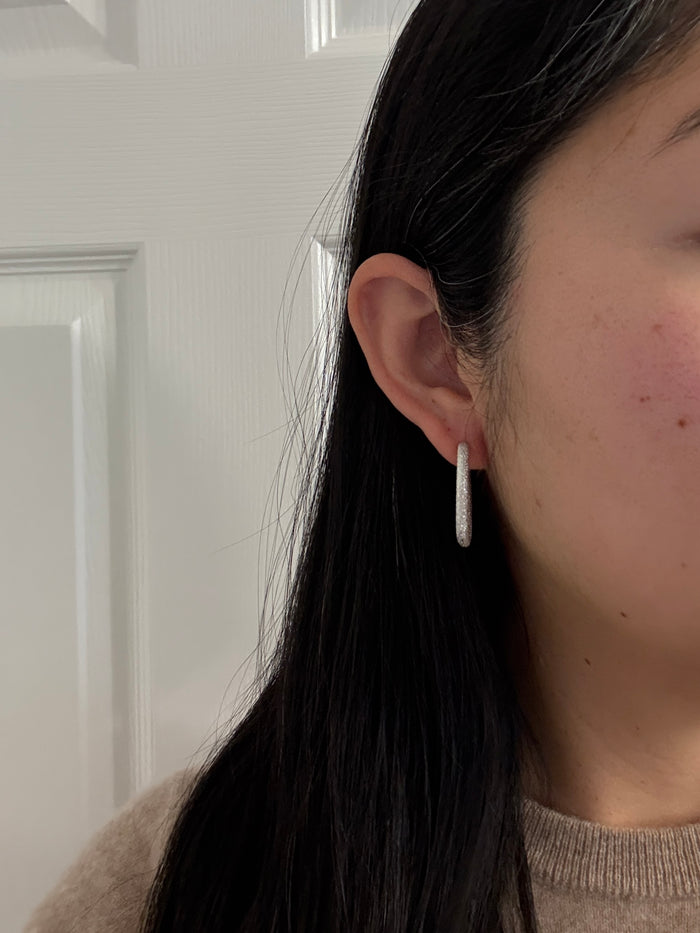 Glittery 18K White Gold Oval Hoop Earrings