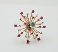 Retro Aquamarine, Diamond, and Ruby Starburst Brooch