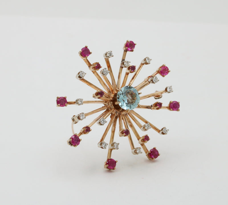 Retro Aquamarine, Diamond, and Ruby Starburst Brooch