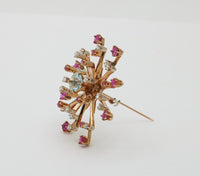 Retro Aquamarine, Diamond, and Ruby Starburst Brooch