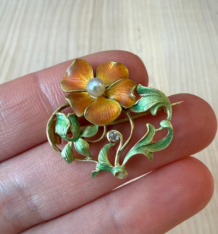 Art Nouveau Orange Enameled Flower Pin in 18K Gold