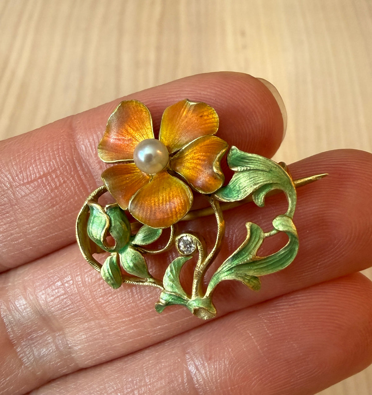 Art Nouveau Orange Enameled Flower Pin in 18K Gold